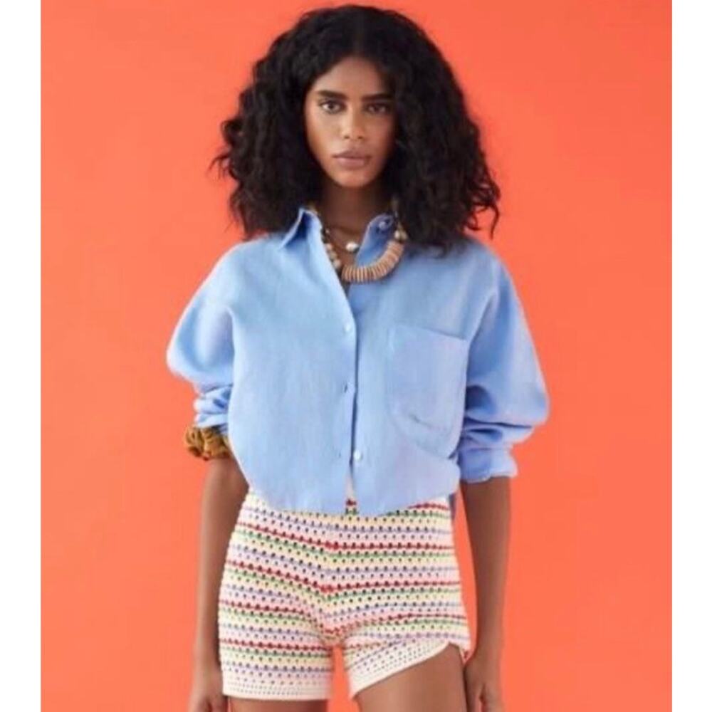 Zara 100% Linen Light Blue Boxy Crop Oversized Boyfriend Shirt M Beachy Resort